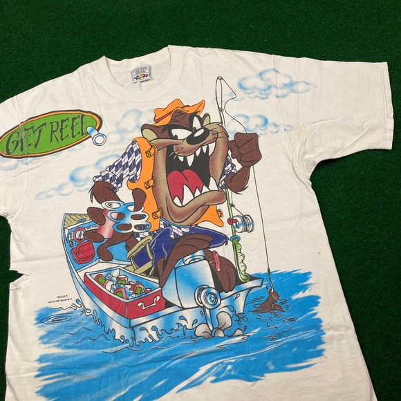 Looney Tunes Mania Other - Vintage Tasmanian Devil Shirt Mens XL White 1997 Taz Fishing Get Reel AOP 90s